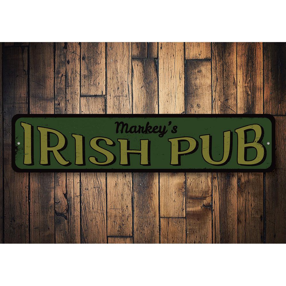 Customizable Irish Pub Sign made from high-quality aluminum, featuring pre-drilled holes for easy mounting.