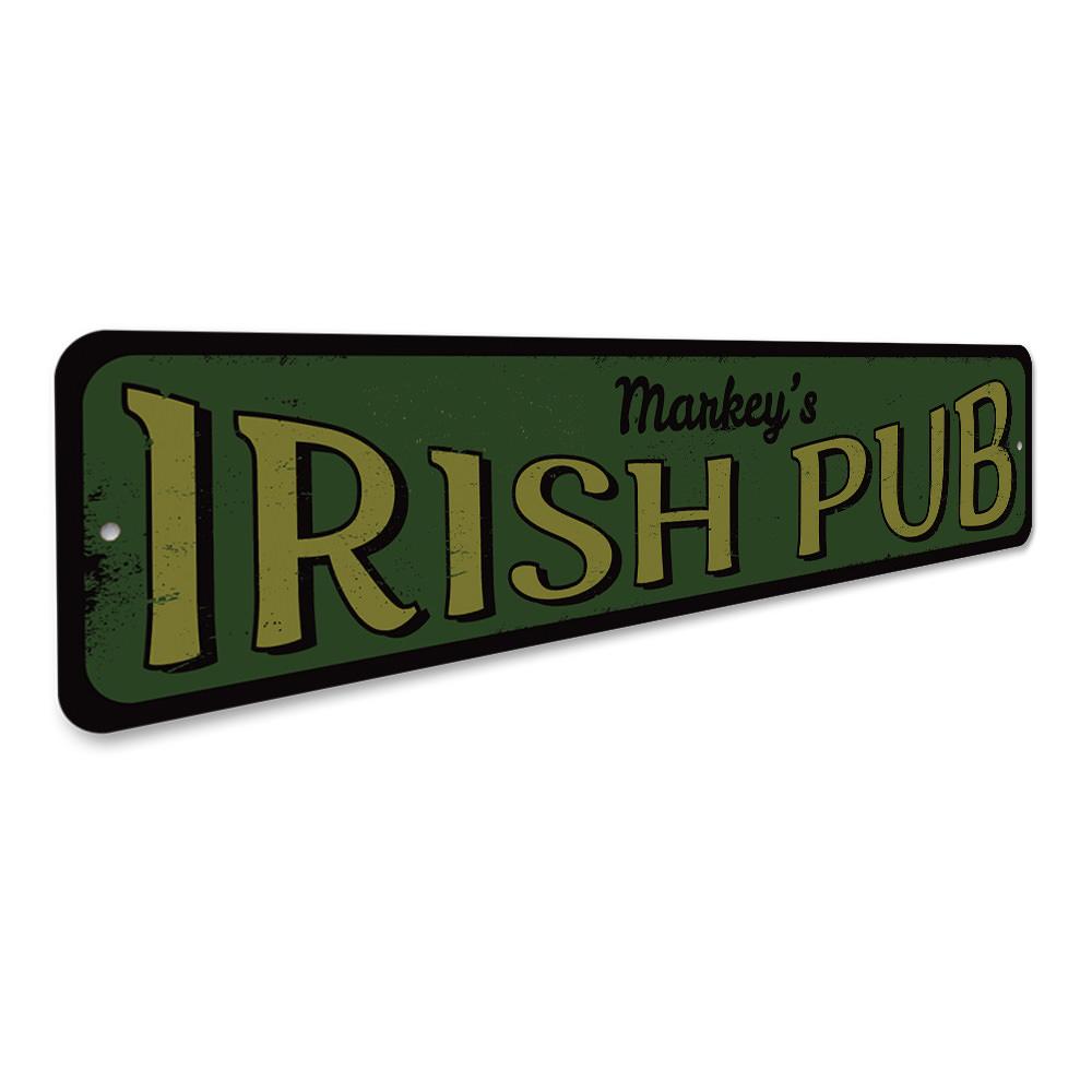 Customizable Irish Pub Sign made from high-quality aluminum, featuring pre-drilled holes for easy mounting.