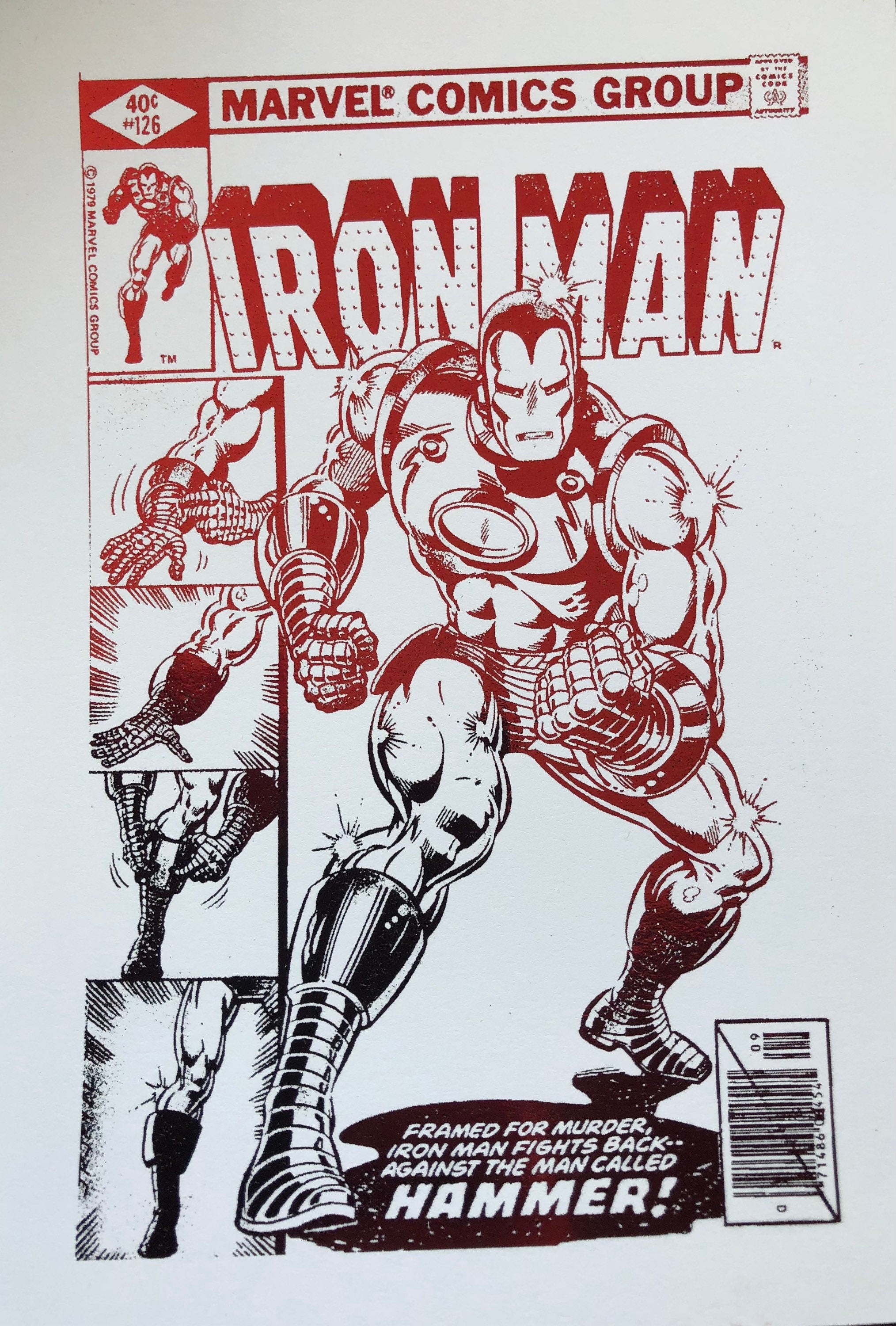 Iron Man comic cover foil print featuring a dynamic design with metallic finish, perfect for wall decor.