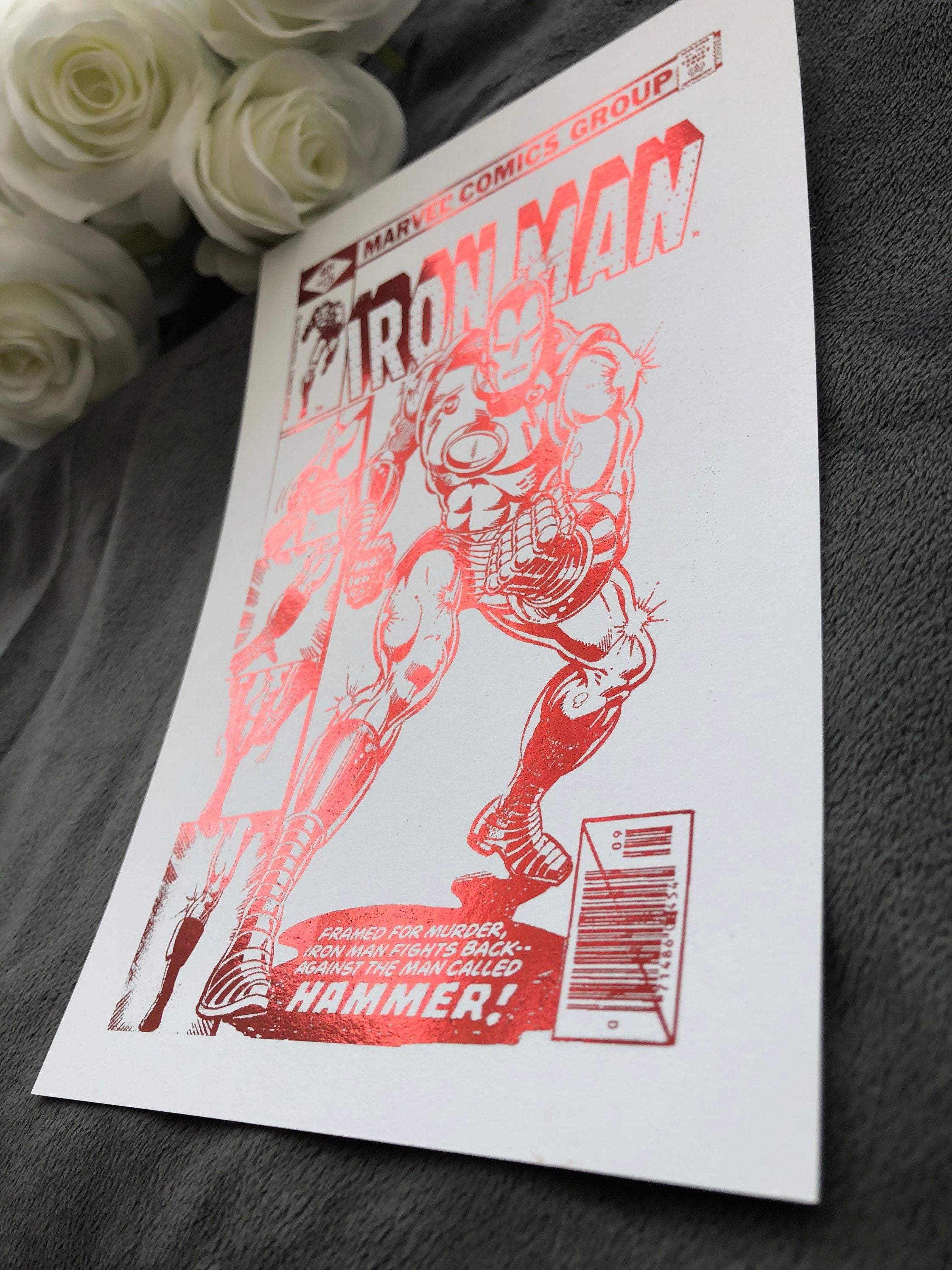 Iron Man comic cover foil print featuring a dynamic design with metallic finish, perfect for wall decor.