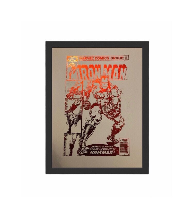 Iron Man comic cover foil print featuring a dynamic design with metallic finish, perfect for wall decor.