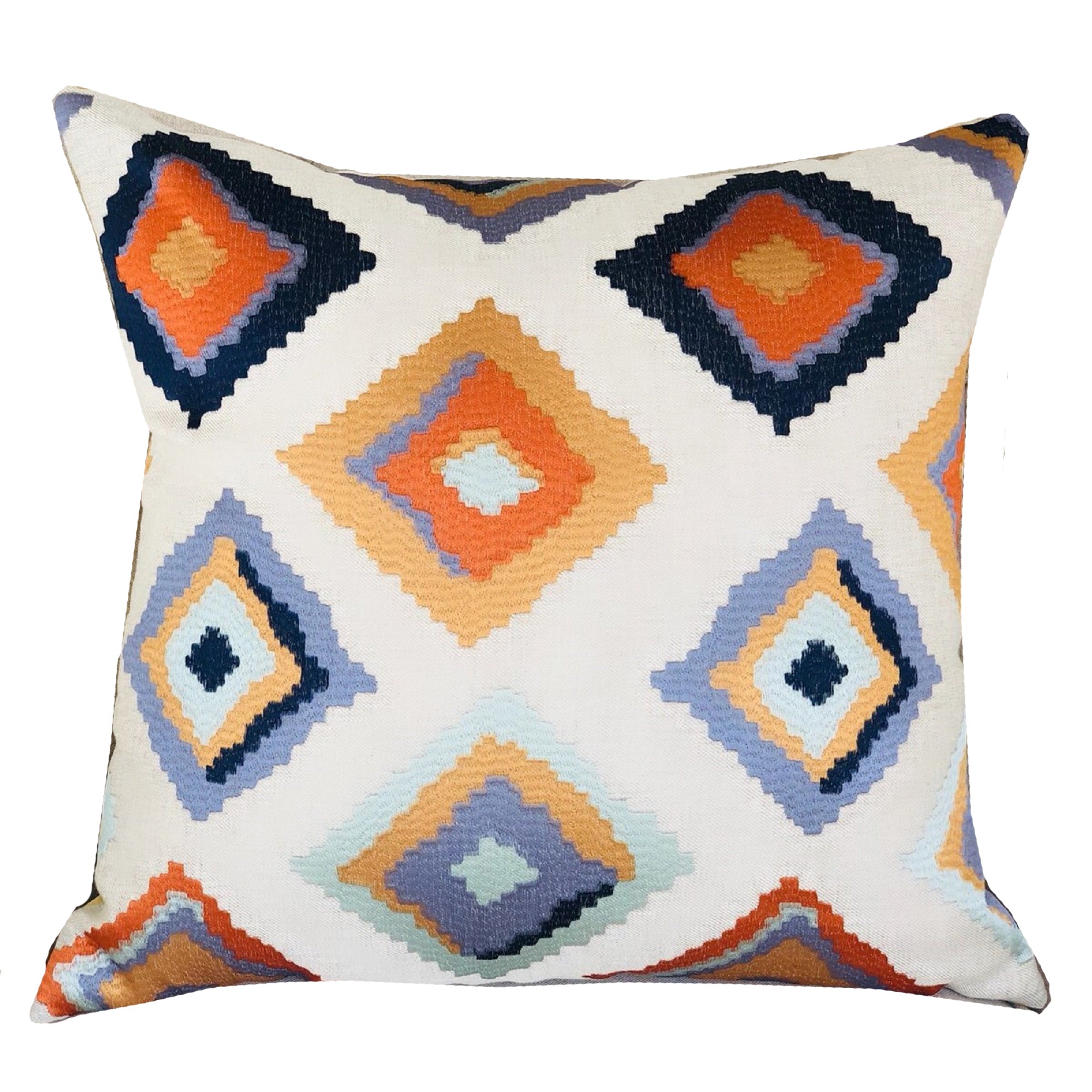 Isabeau Purple Orange and White Handmade Luxury Pillow featuring a vibrant design with a linen fabric finish, showcasing elegance and comfort.