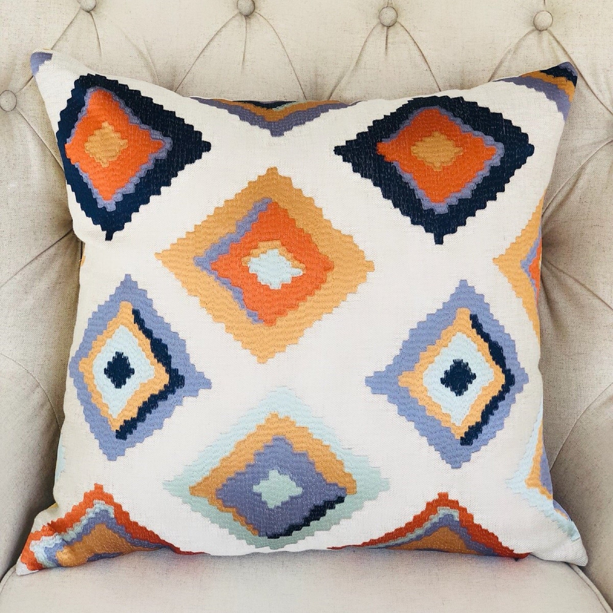 Isabeau Purple Orange and White Handmade Luxury Pillow featuring a vibrant design with a linen fabric finish, showcasing elegance and comfort.