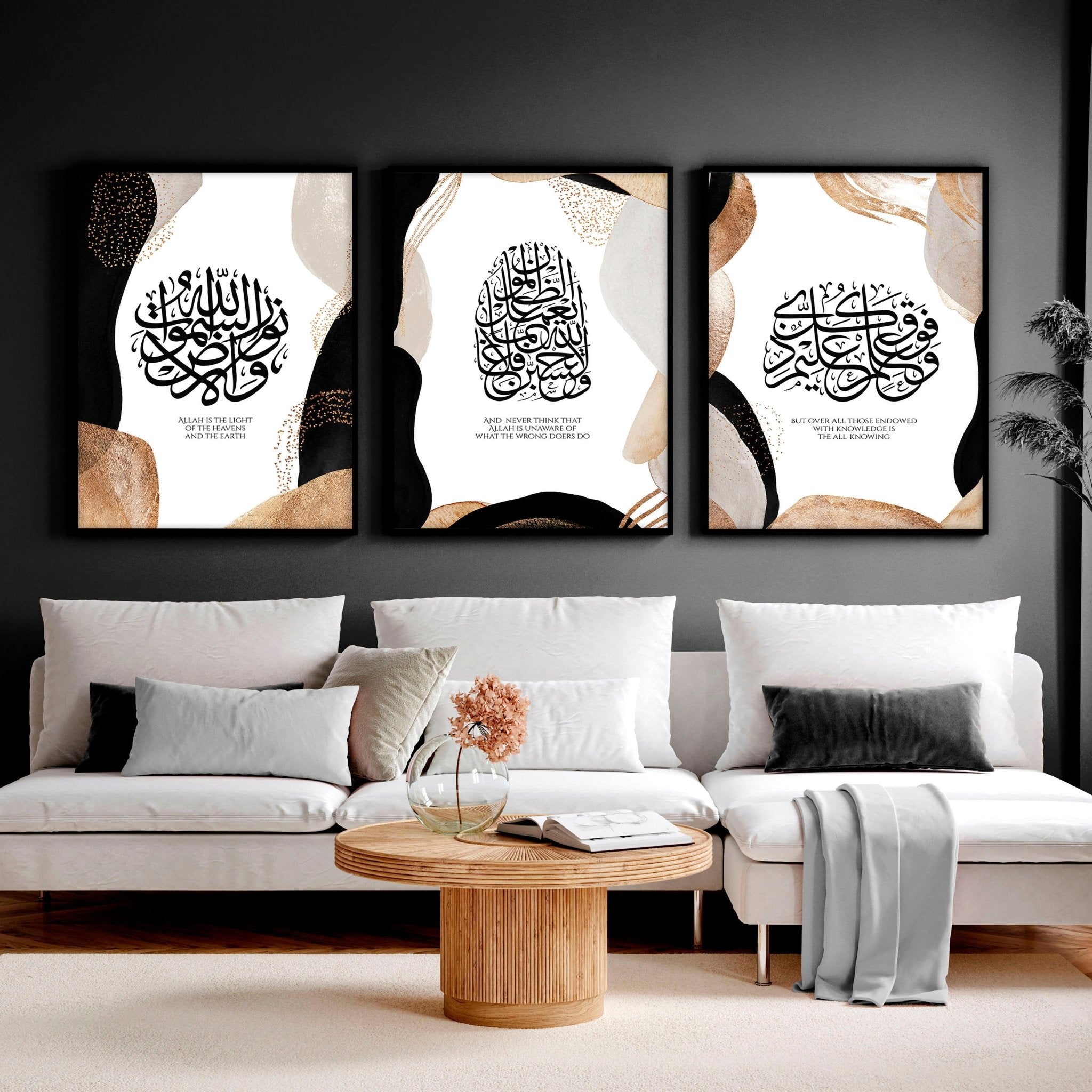 Set of 3 Islamic modern art wall prints featuring intricate designs in Earth tones and gold, perfect for home decor.