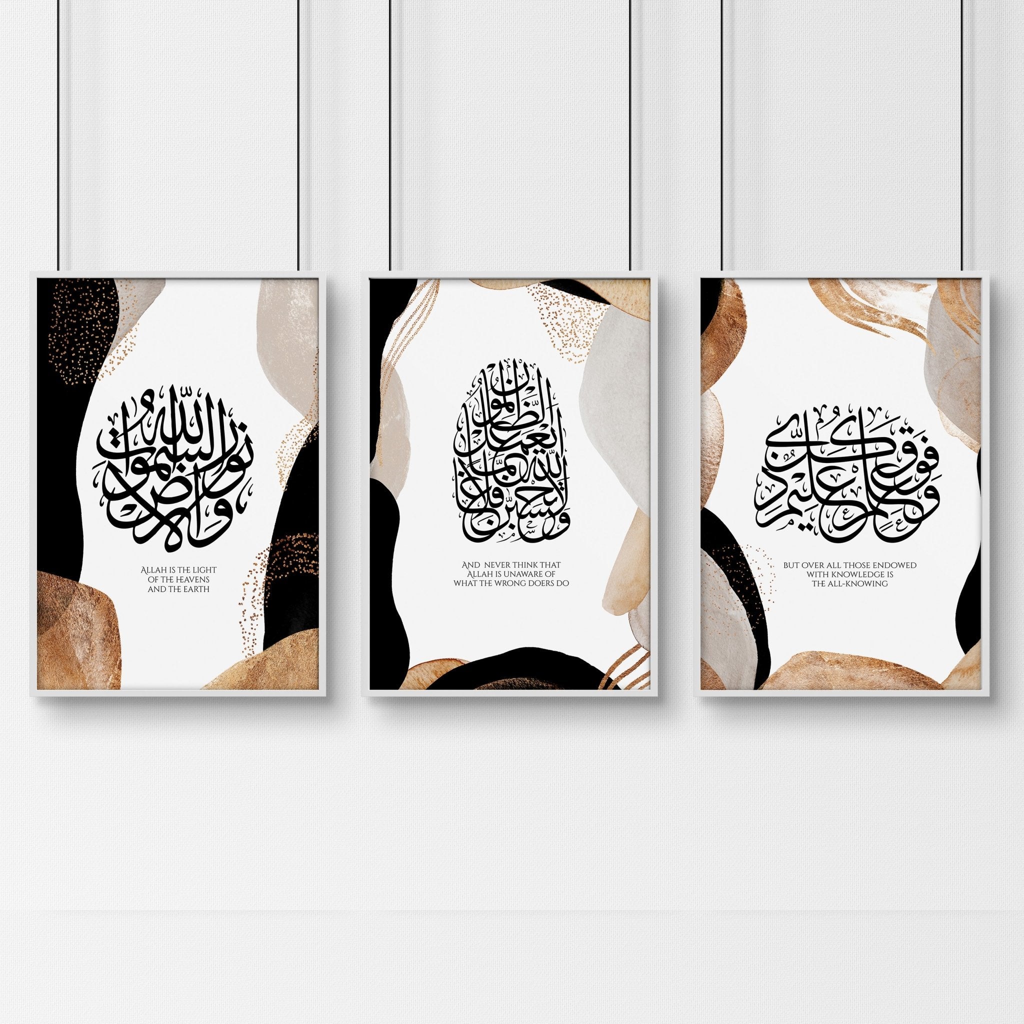 Set of 3 Islamic modern art wall prints featuring intricate designs in Earth tones and gold, perfect for home decor.