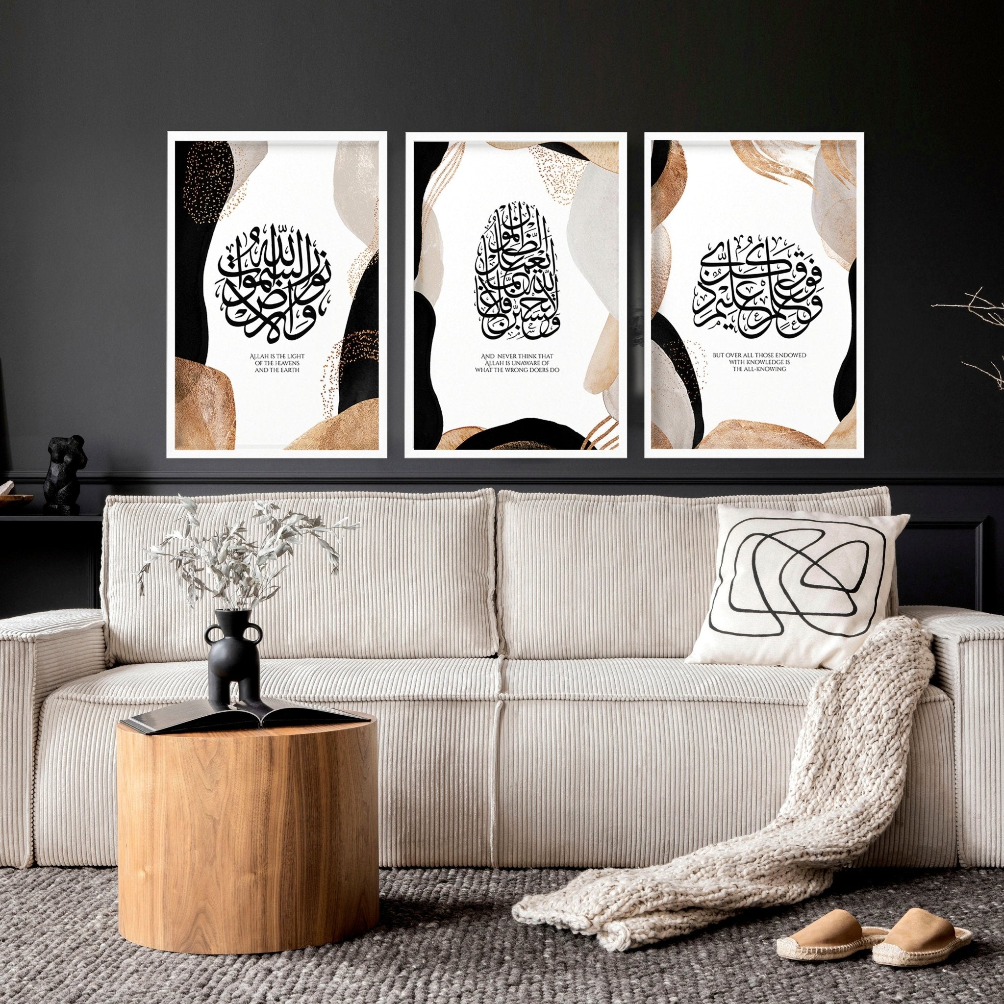 Set of 3 Islamic modern art wall prints featuring intricate designs in Earth tones and gold, perfect for home decor.