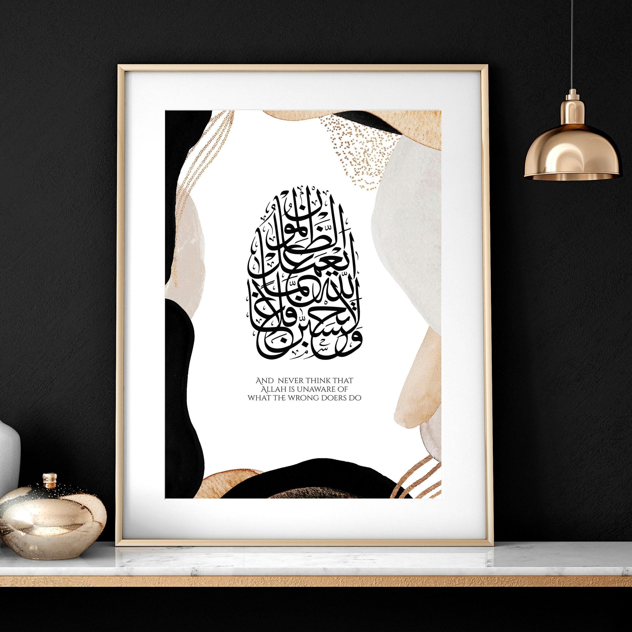 Set of 3 Islamic modern art wall prints featuring intricate designs in Earth tones and gold, perfect for home decor.