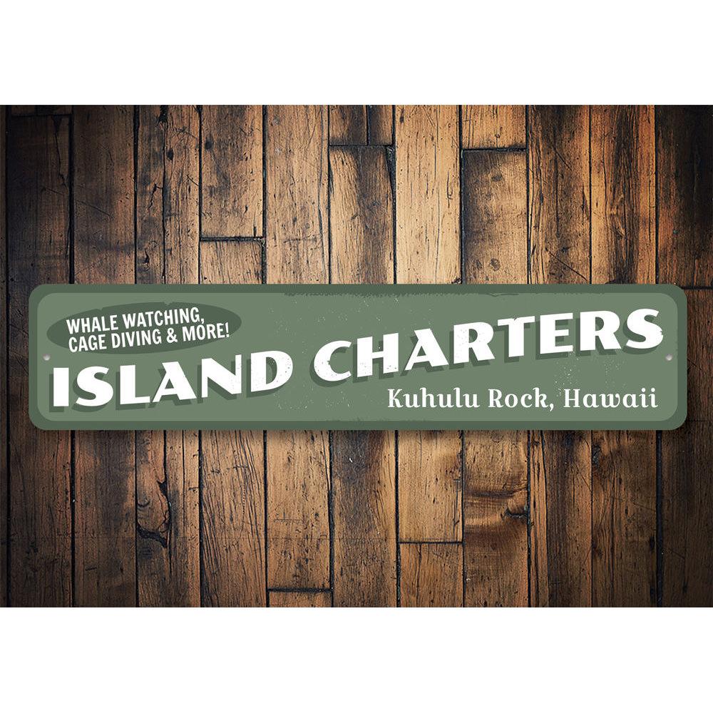 A beautifully crafted Island Charters Sign made of aluminum, featuring beach-themed designs, perfect for coastal decor.