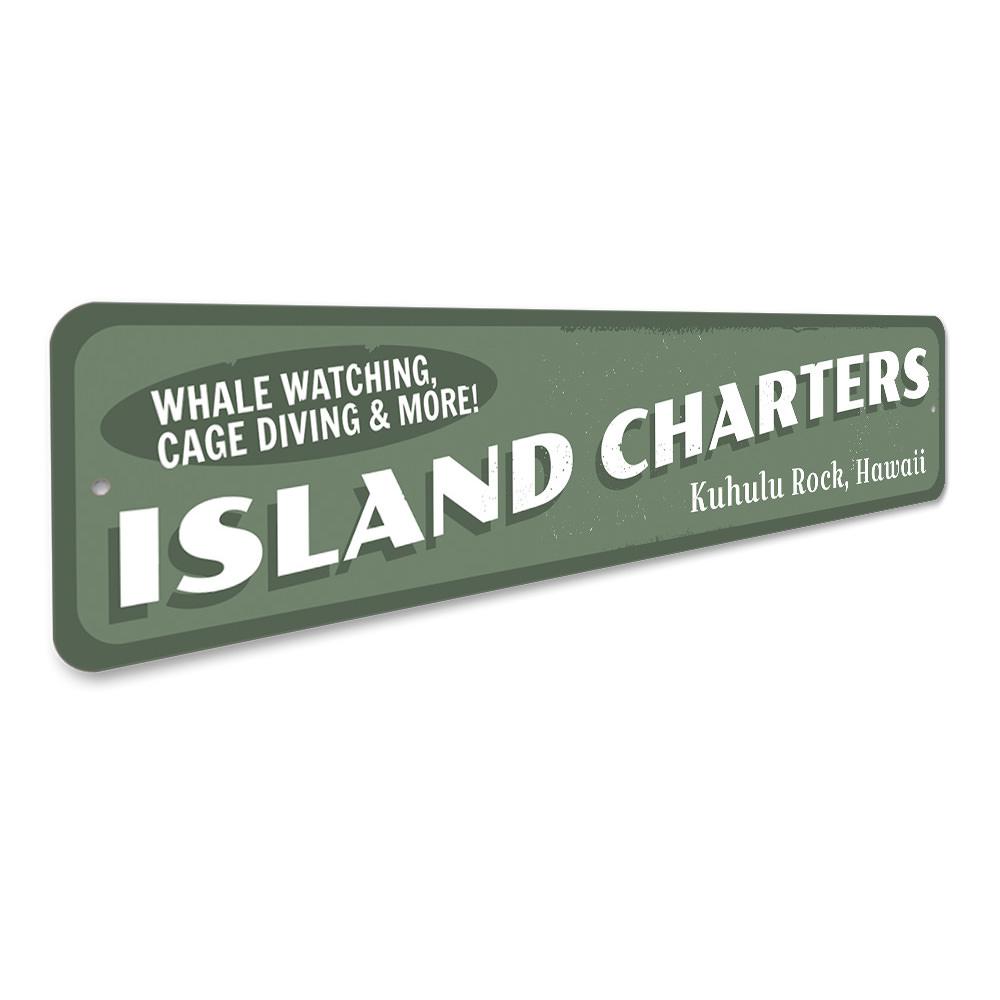 A beautifully crafted Island Charters Sign made of aluminum, featuring beach-themed designs, perfect for coastal decor.