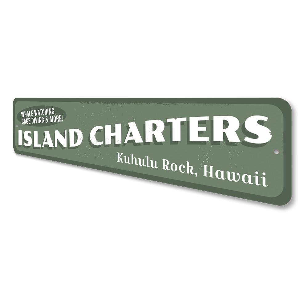 A beautifully crafted Island Charters Sign made of aluminum, featuring beach-themed designs, perfect for coastal decor.