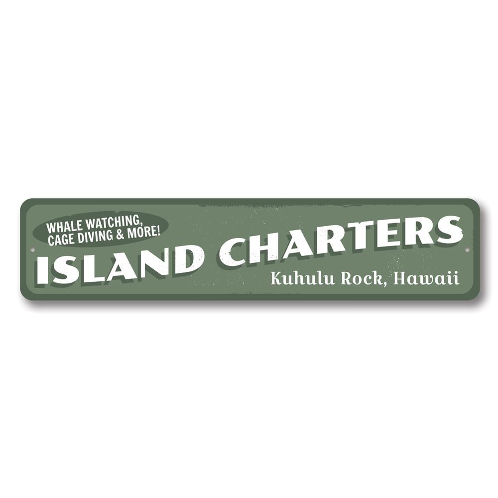 A beautifully crafted Island Charters Sign made of aluminum, featuring beach-themed designs, perfect for coastal decor.