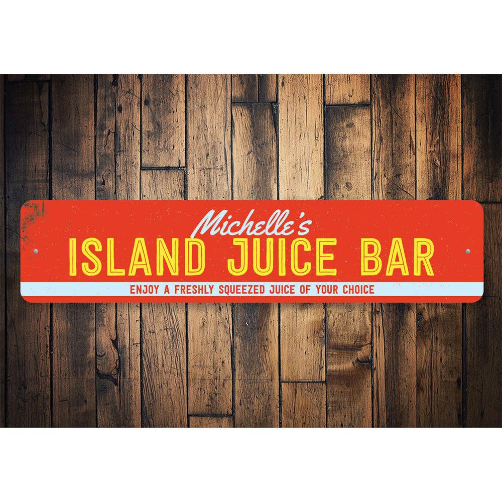 A vibrant Island Juice Bar Sign made of aluminum, featuring beach-themed graphics, perfect for coastal decor.