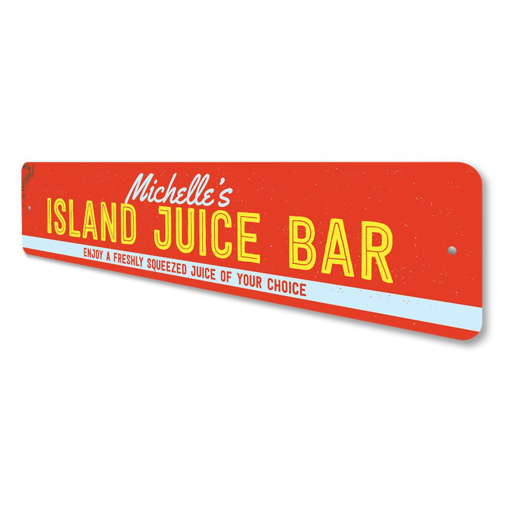 A vibrant Island Juice Bar Sign made of aluminum, featuring beach-themed graphics, perfect for coastal decor.