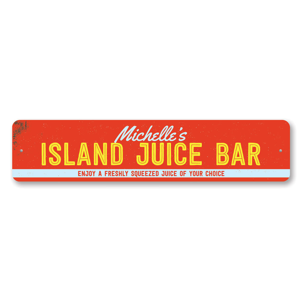 A vibrant Island Juice Bar Sign made of aluminum, featuring beach-themed graphics, perfect for coastal decor.