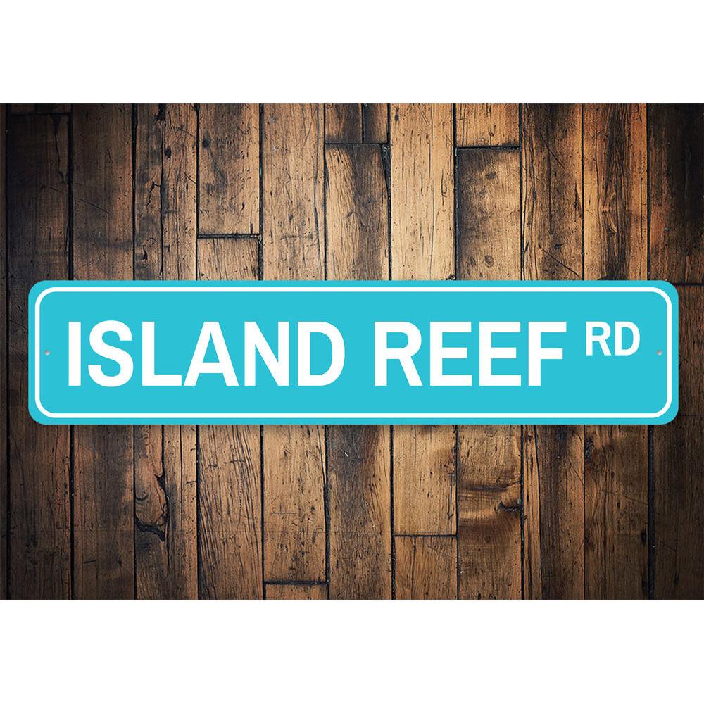 Island Reef Road Sign made of high-quality aluminum, featuring a vibrant beach-themed design, perfect for coastal decor.