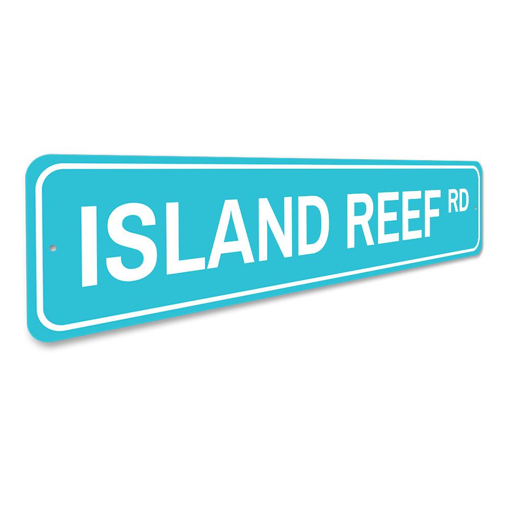 Island Reef Road Sign made of high-quality aluminum, featuring a vibrant beach-themed design, perfect for coastal decor.