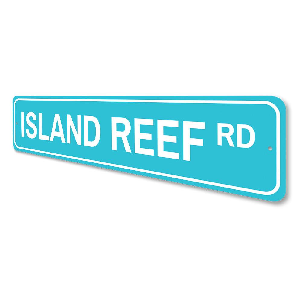 Island Reef Road Sign made of high-quality aluminum, featuring a vibrant beach-themed design, perfect for coastal decor.