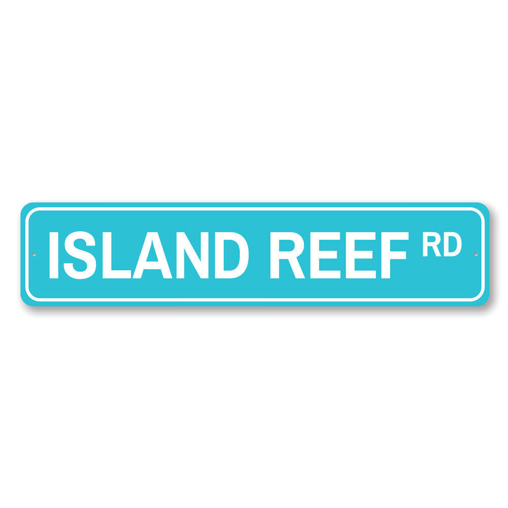 Island Reef Road Sign made of high-quality aluminum, featuring a vibrant beach-themed design, perfect for coastal decor.