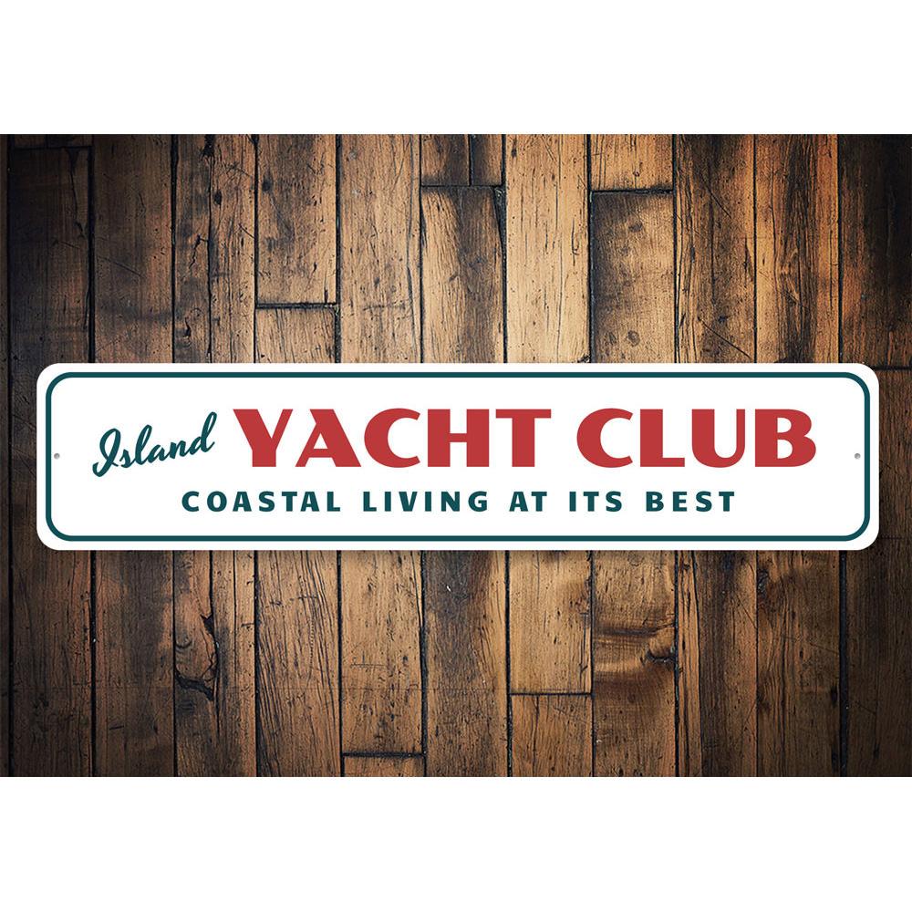 Custom Island Yacht Club Sign made of durable aluminum, featuring a unique design perfect for lakehouse decor.