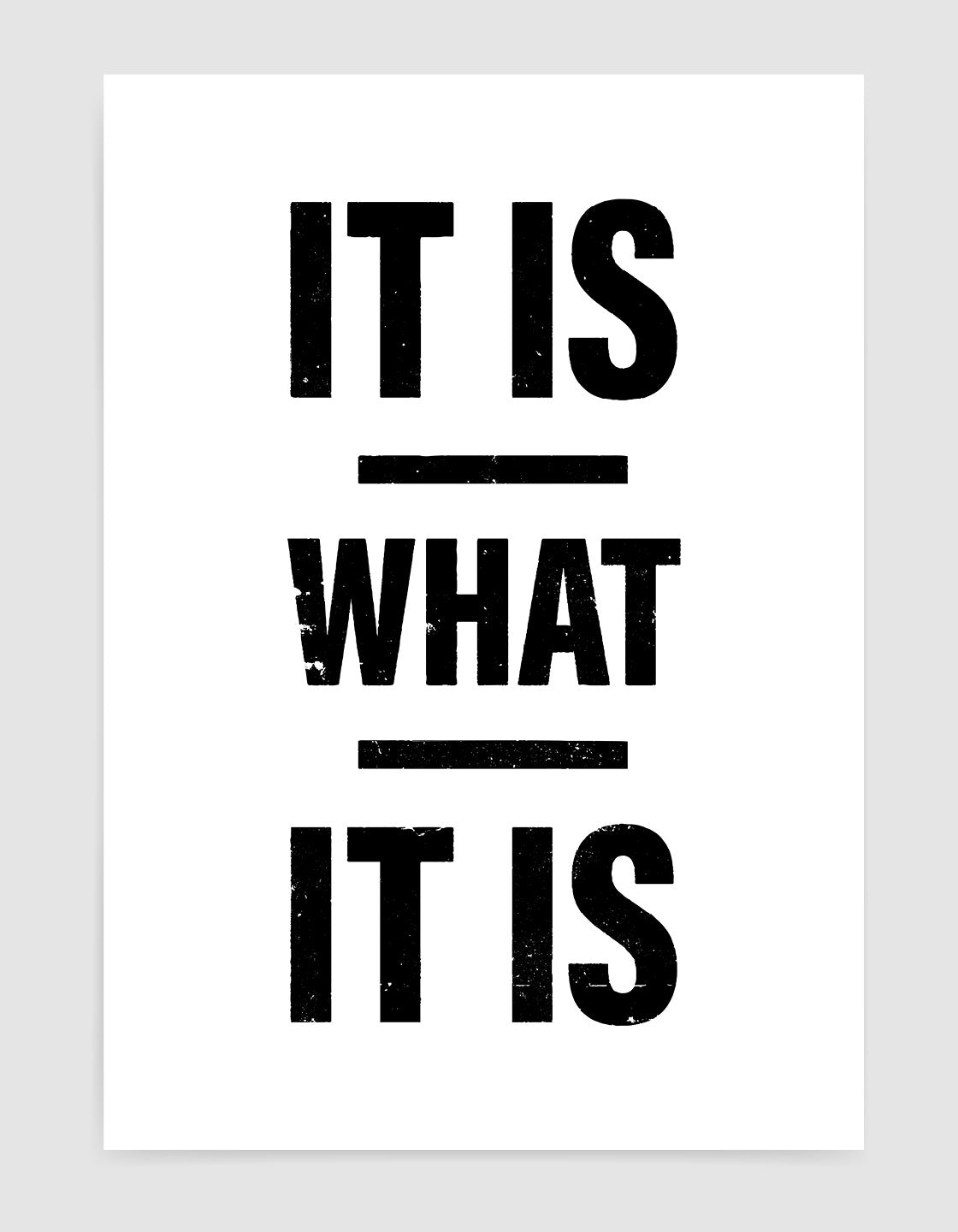 A minimalist design featuring the phrase 'It is what it is' in elegant typography, symbolizing acceptance and simplicity.