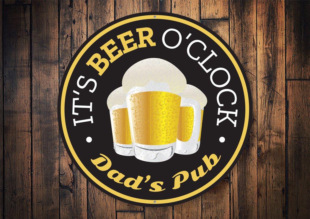 It's Beer O'Clock Pub Sign made of aluminum, featuring a fun design perfect for home decor.