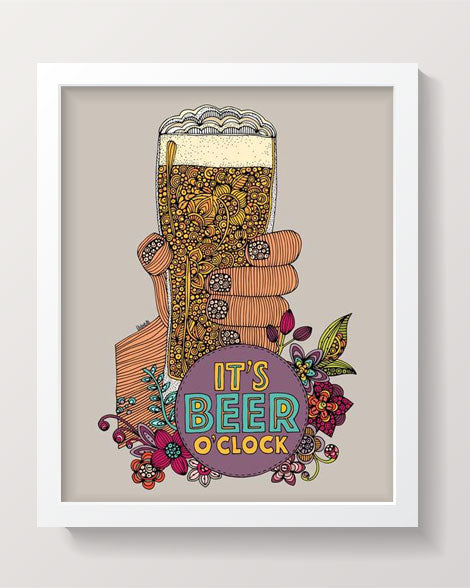 A vibrant archival art print titled 'It's Beer O'clock', featuring original pen and ink art with digital coloring, ready to frame.