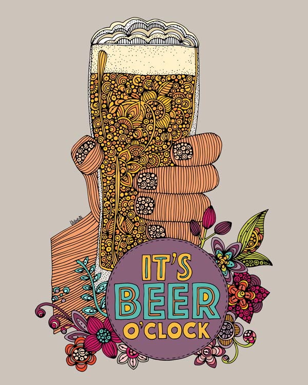 A vibrant archival art print titled 'It's Beer O'clock', featuring original pen and ink art with digital coloring, ready to frame.