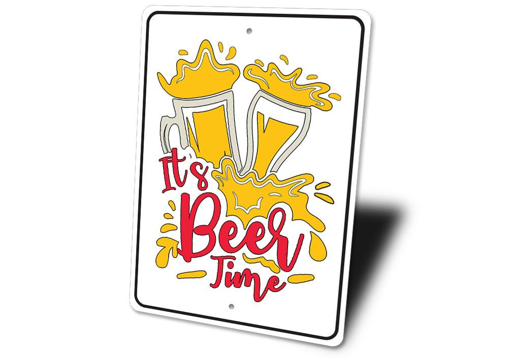 It's Beer Time Sign made of high-quality aluminum, featuring a humorous design perfect for man caves and kitchens.