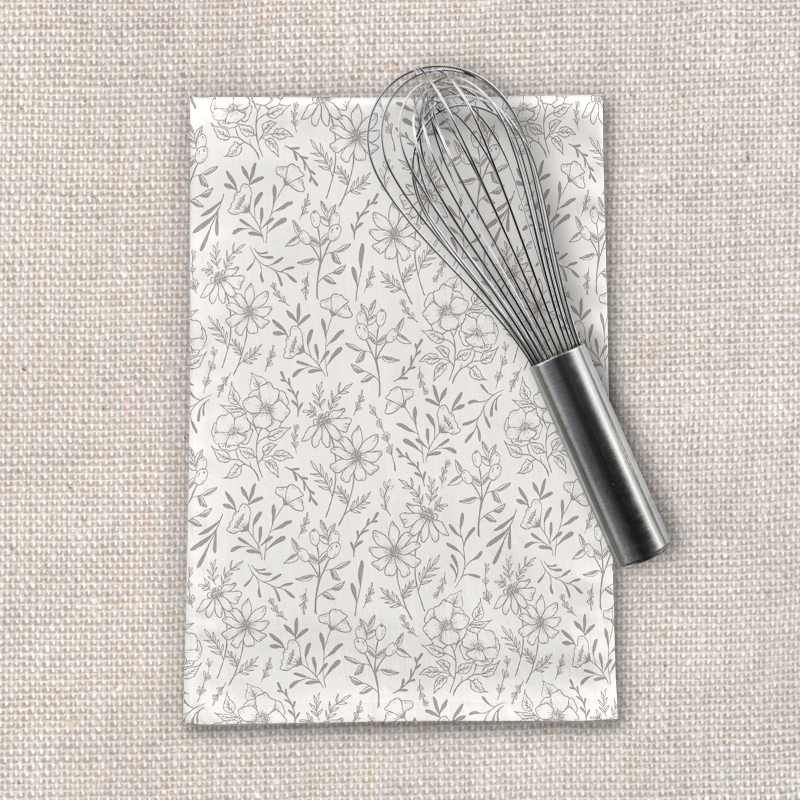 Ivory Flower Tea Towel featuring a beautiful floral design on soft cotton twill fabric, perfect for kitchen use.