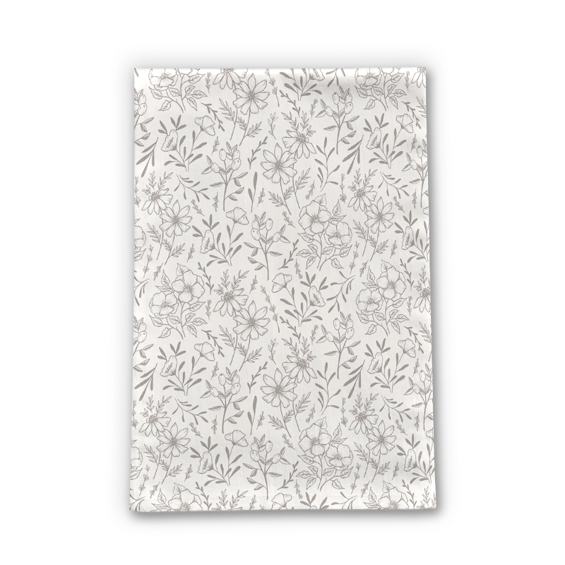 Ivory Flower Tea Towel featuring a beautiful floral design on soft cotton twill fabric, perfect for kitchen use.