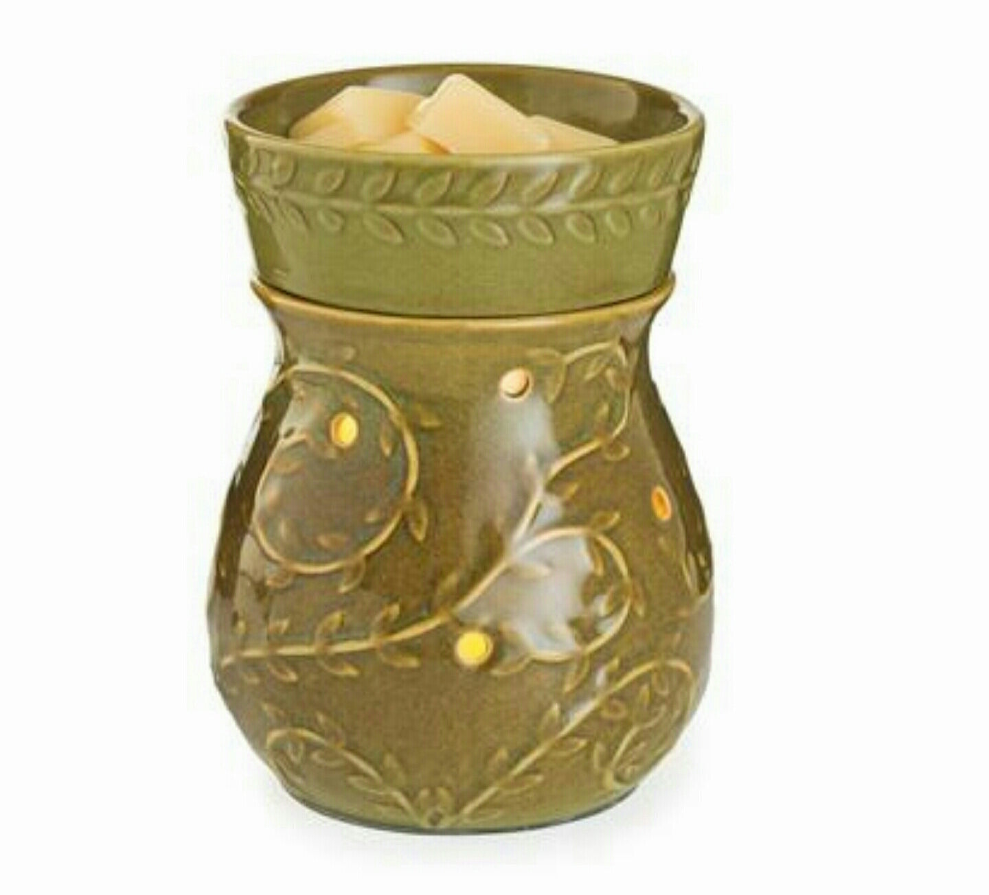 Ivy Illumination Warmer in olive green with leaf and vine design, featuring a removable dish and warming bulb.