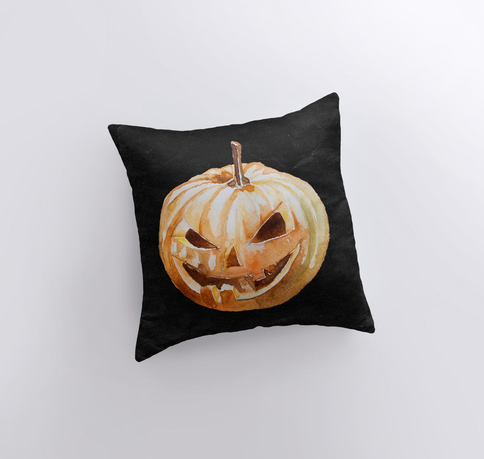 A vibrant Jack O Lantern Pillow Cover featuring friendly pumpkin faces, perfect for Halloween and fall décor, showcasing its double-sided design.