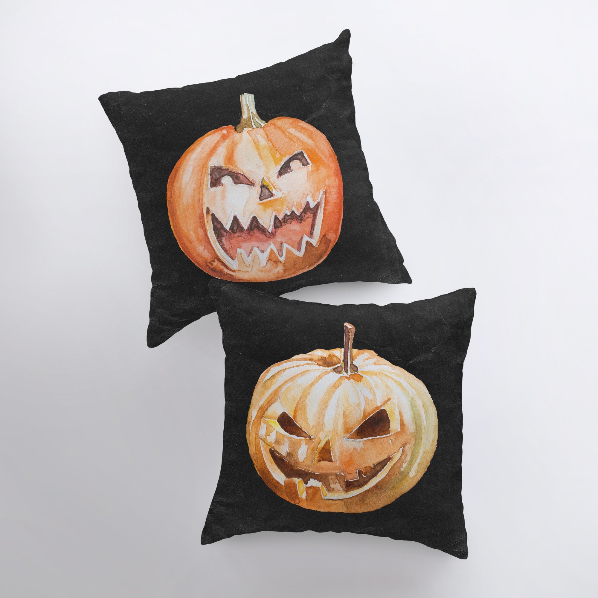 A vibrant Jack O Lantern Pillow Cover featuring friendly pumpkin faces, perfect for Halloween and fall décor, showcasing its double-sided design.