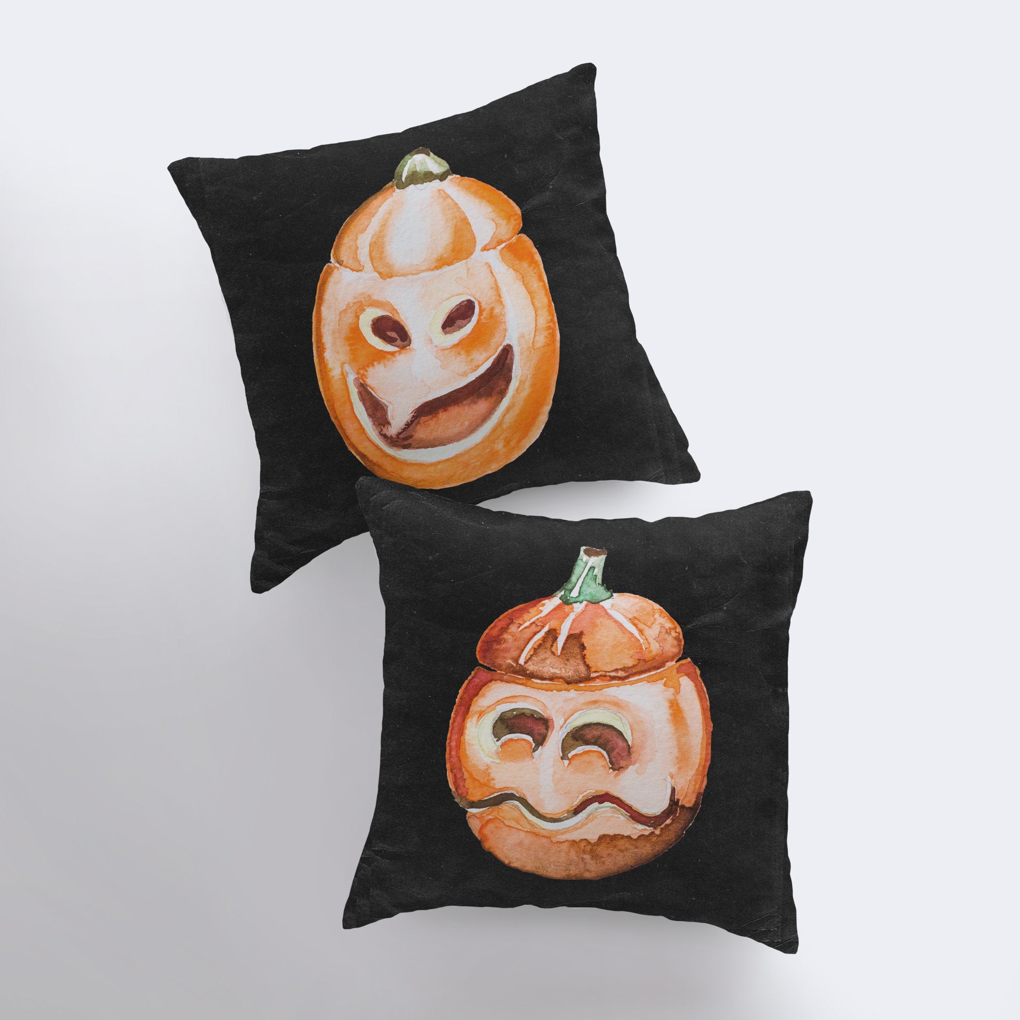 A vibrant Jack O Lantern Pillow Cover featuring a cheerful pumpkin face, perfect for Halloween and fall décor, showcasing its double-sided design.