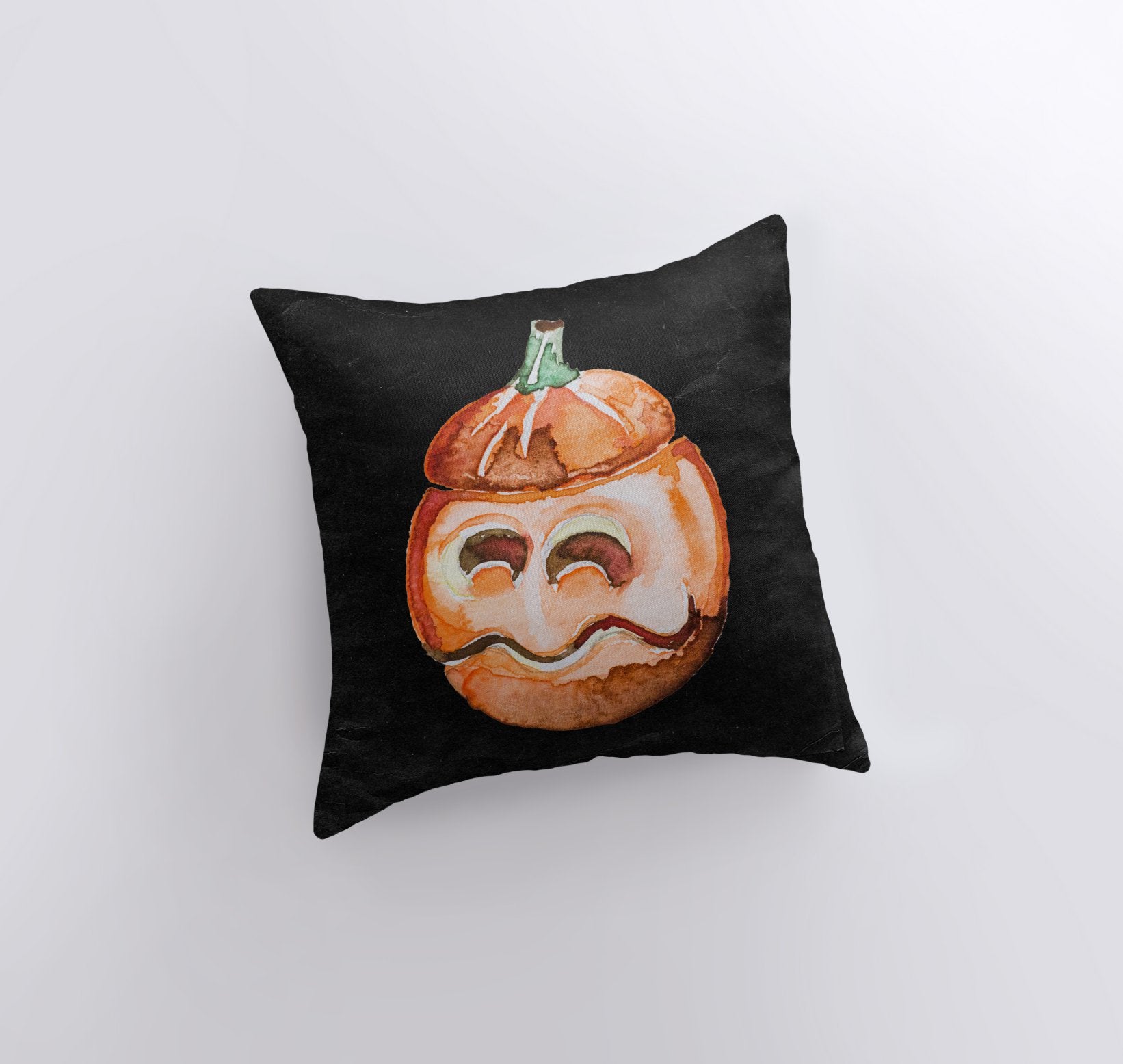 A vibrant Jack O Lantern Pillow Cover featuring a cheerful pumpkin face, perfect for Halloween and fall décor, showcasing its double-sided design.