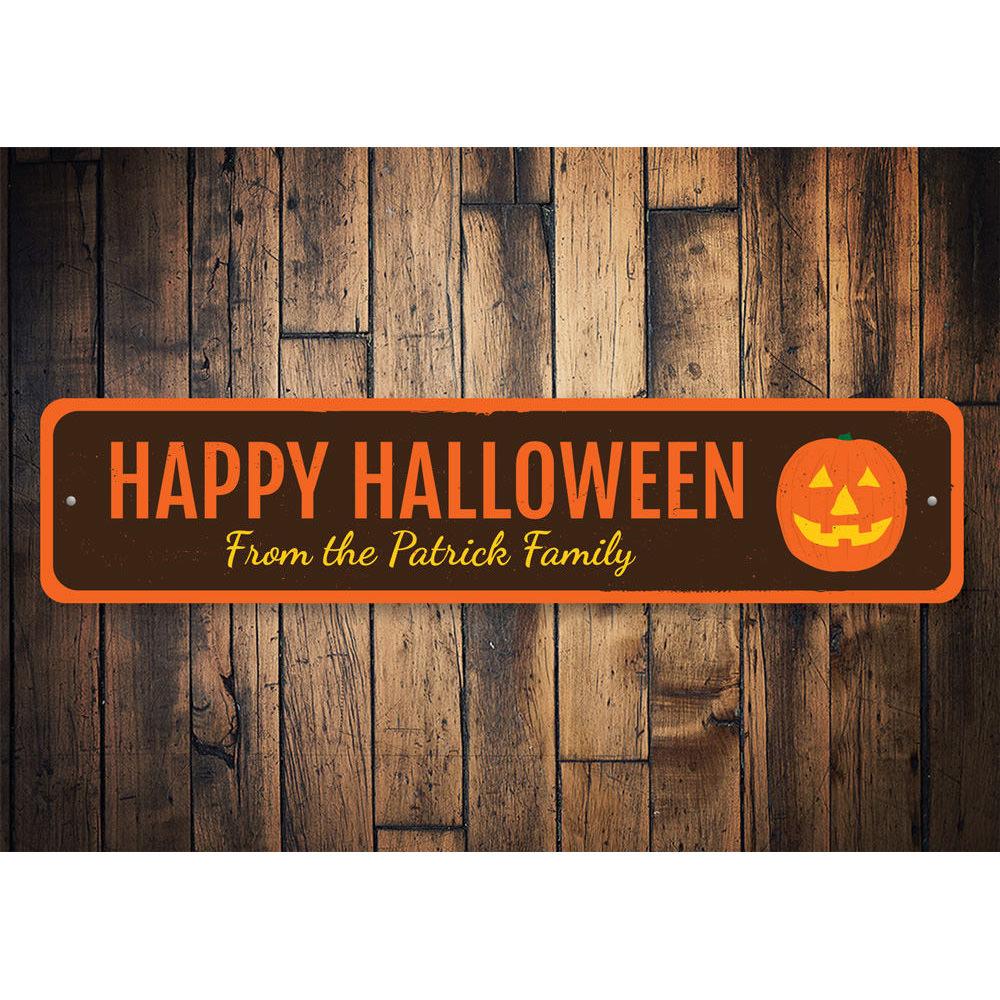 A vibrant Jack-O-Lantern Halloween Sign made of aluminum, featuring a spooky pumpkin design, perfect for Halloween decorations.