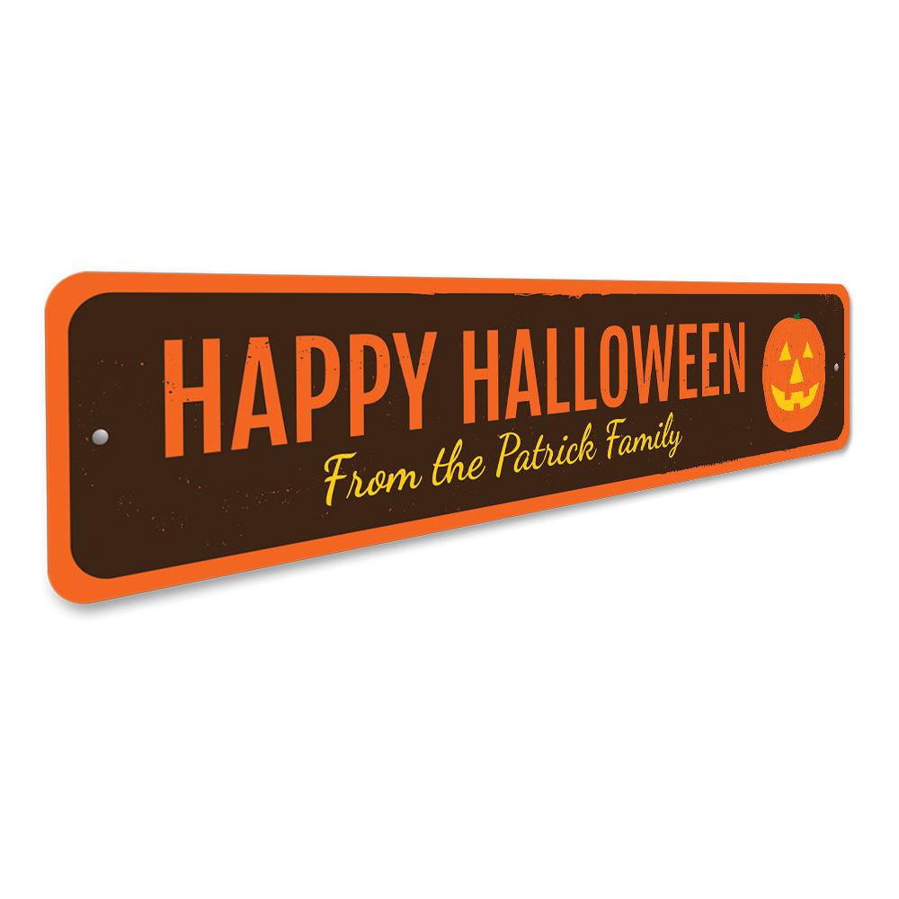 A vibrant Jack-O-Lantern Halloween Sign made of aluminum, featuring a spooky pumpkin design, perfect for Halloween decorations.