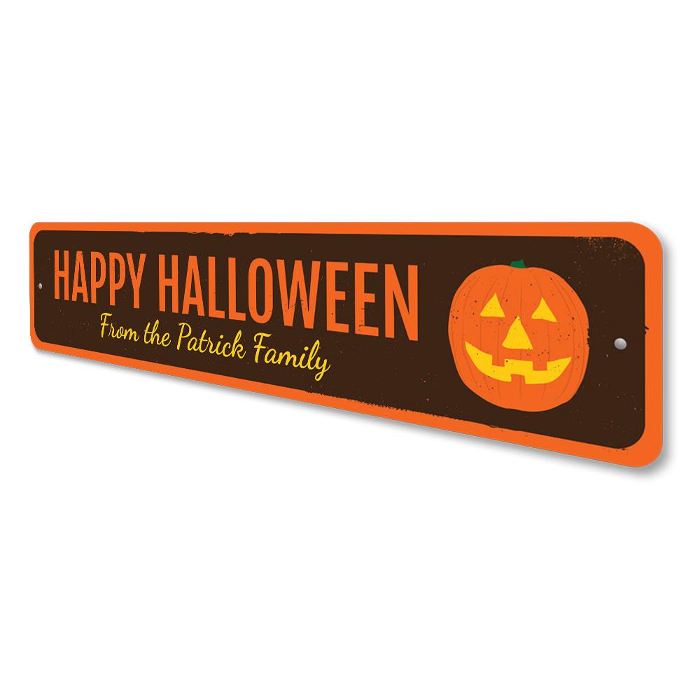 A vibrant Jack-O-Lantern Halloween Sign made of aluminum, featuring a spooky pumpkin design, perfect for Halloween decorations.