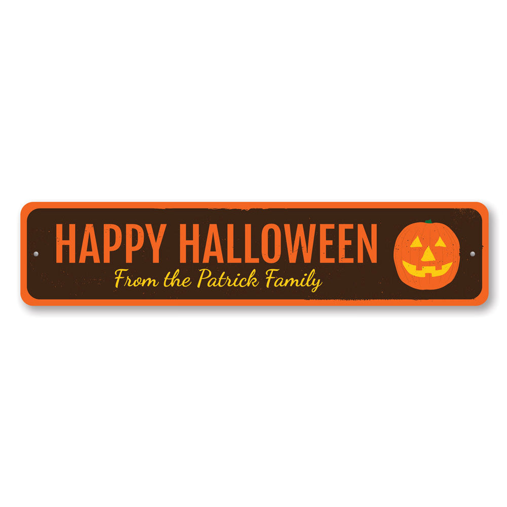 A vibrant Jack-O-Lantern Halloween Sign made of aluminum, featuring a spooky pumpkin design, perfect for Halloween decorations.