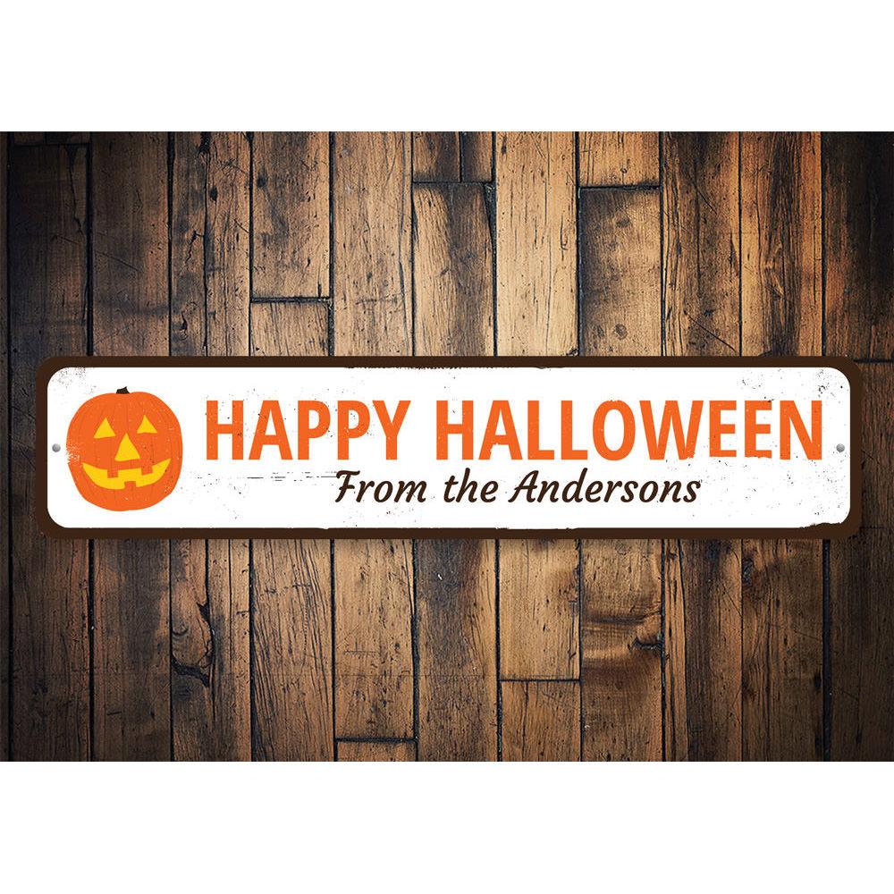 A decorative Jack-O-Lantern sign made of aluminum, featuring a spooky design perfect for Halloween decor.