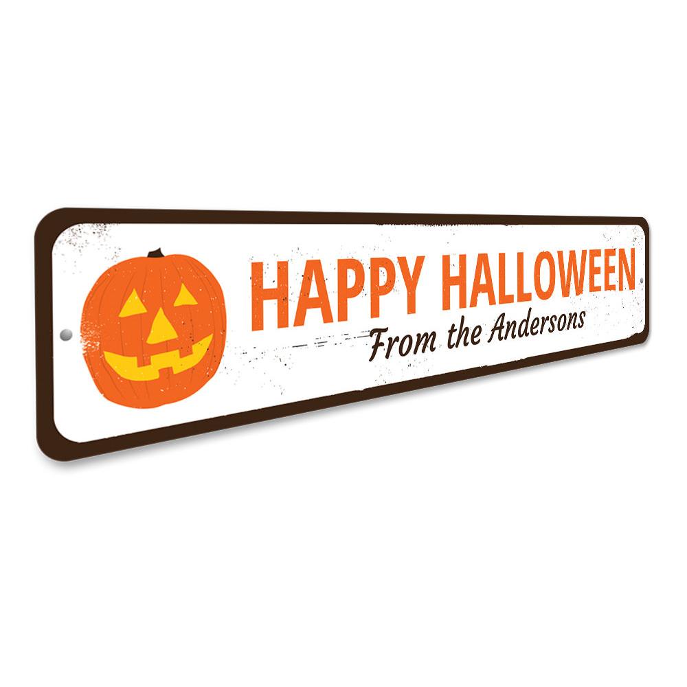 A decorative Jack-O-Lantern sign made of aluminum, featuring a spooky design perfect for Halloween decor.