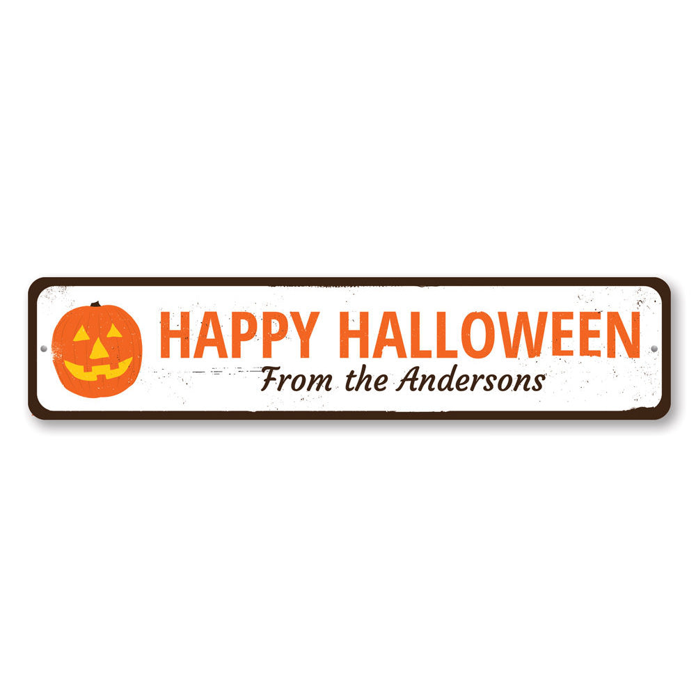 A decorative Jack-O-Lantern sign made of aluminum, featuring a spooky design perfect for Halloween decor.