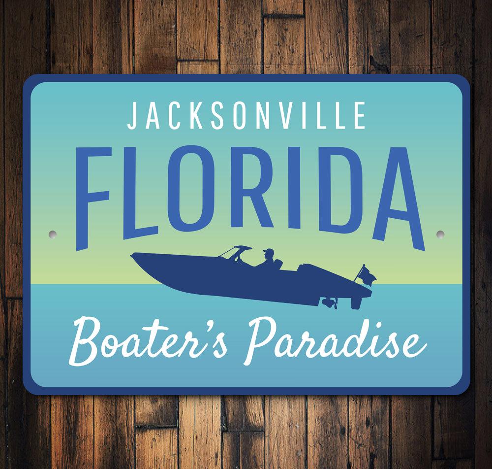 A decorative Jacksonville Florida sign made of high-quality aluminum, featuring vibrant colors and customizable text, perfect for coastal decor.