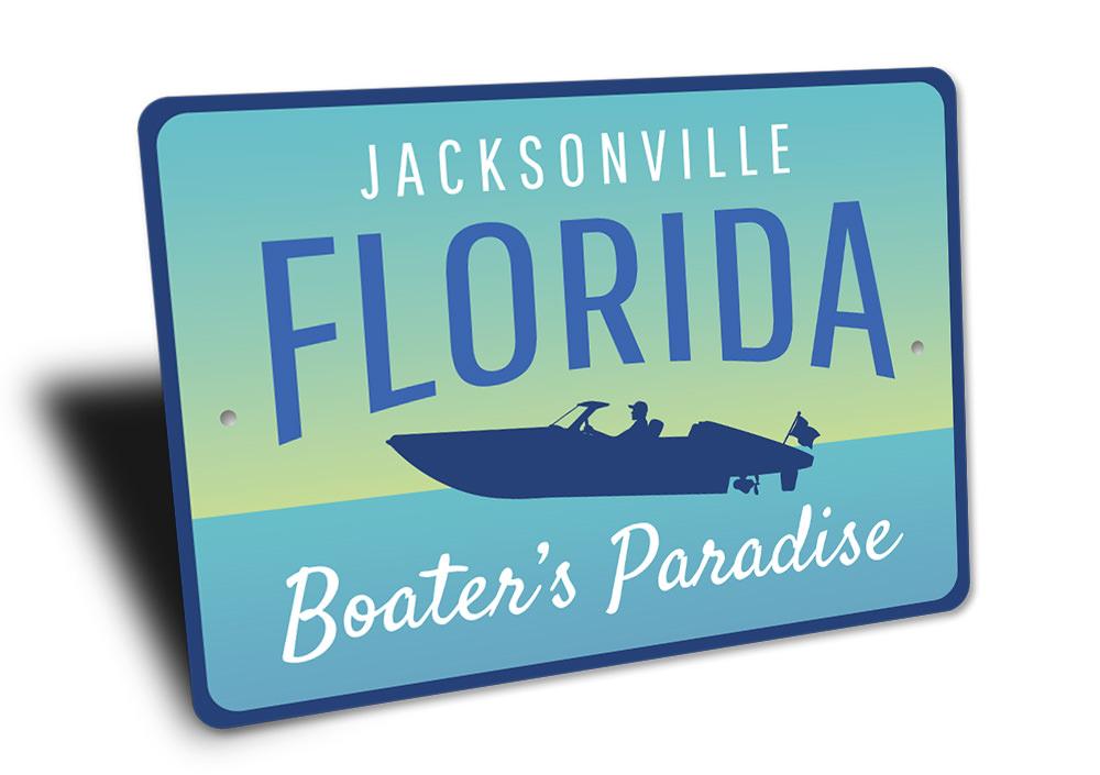 A decorative Jacksonville Florida sign made of high-quality aluminum, featuring vibrant colors and customizable text, perfect for coastal decor.