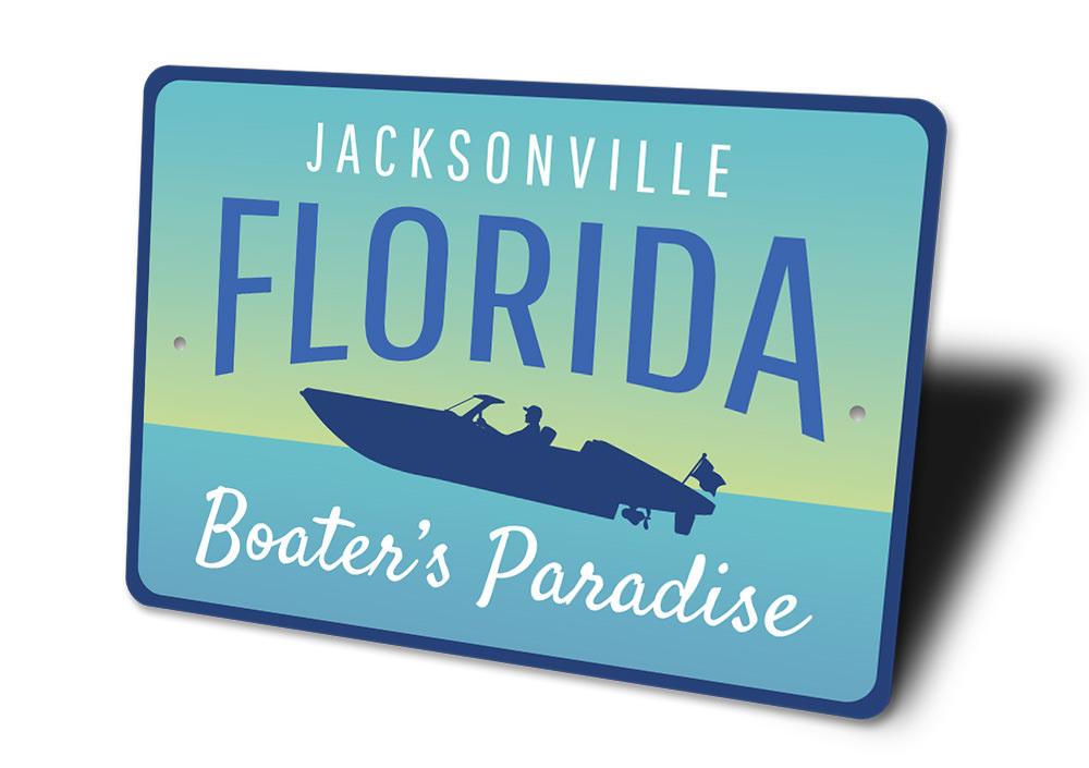 A decorative Jacksonville Florida sign made of high-quality aluminum, featuring vibrant colors and customizable text, perfect for coastal decor.