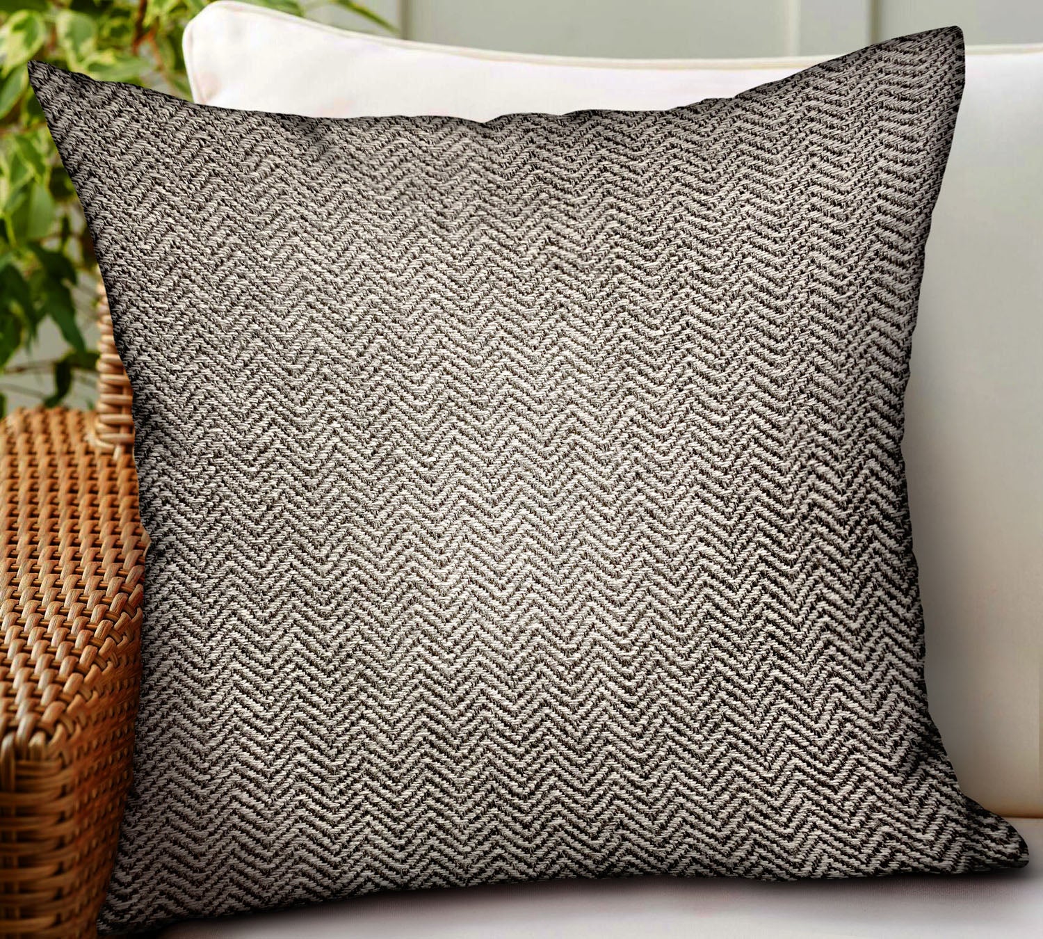 Jagged Ash Gray Chevron Luxury Throw Pillow showcasing a modern chevron pattern in gray, made from durable Sunbrella fabric, perfect for indoor and outdoor use.