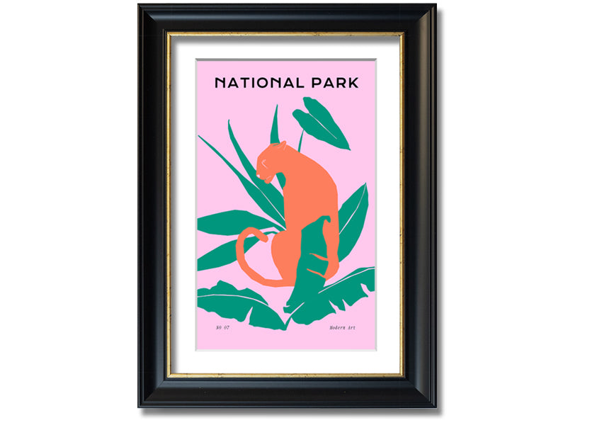 Framed print of a jaguar in a natural setting, showcasing intricate details and vibrant colors, available in various frame colors.