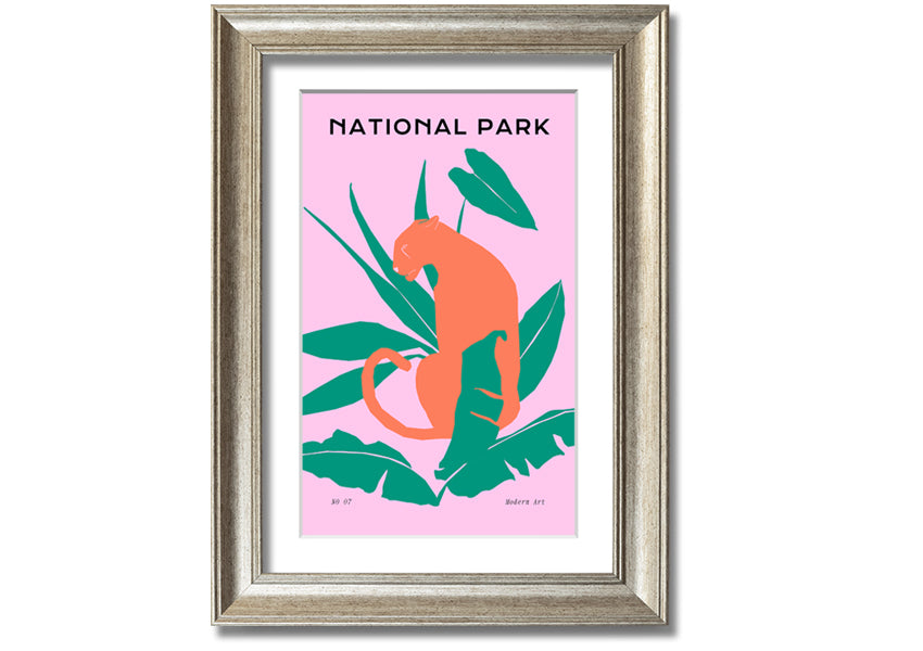 Framed print of a jaguar in a natural setting, showcasing intricate details and vibrant colors, available in various frame colors.