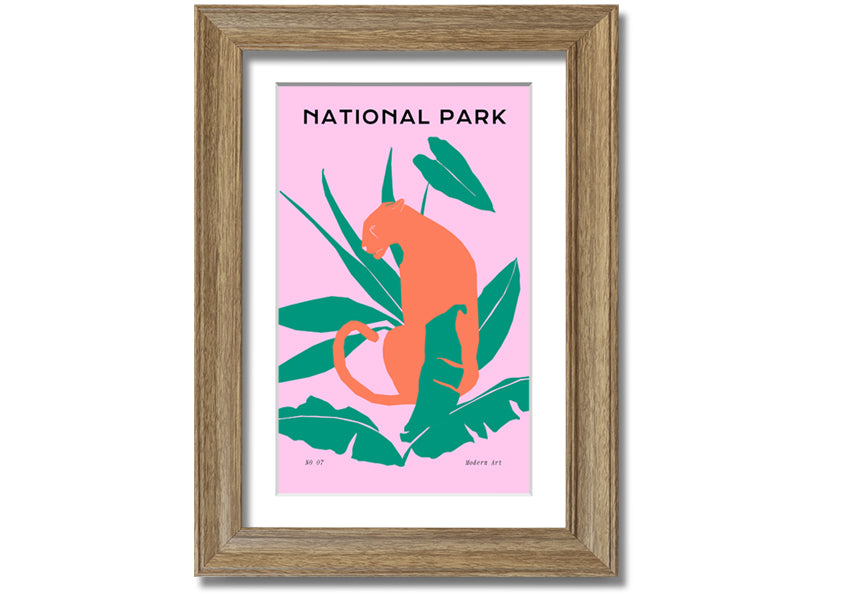 Framed print of a jaguar in a natural setting, showcasing intricate details and vibrant colors, available in various frame colors.