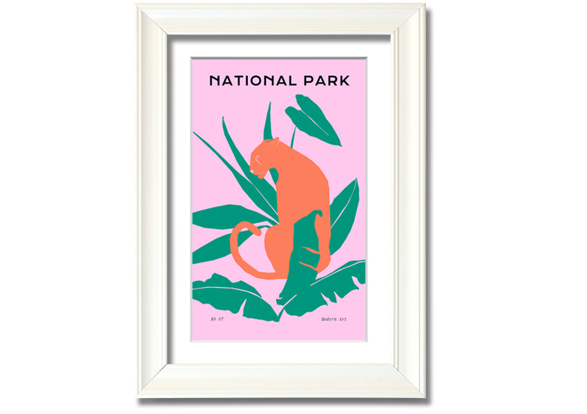 Framed print of a jaguar in a natural setting, showcasing intricate details and vibrant colors, available in various frame colors.